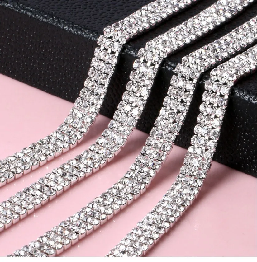 

Free Shipping 200 yards 3 rows 3mm Sew On Rhinestone Chain, Rhinestone Applique,Wedding Applique,Rhinestone Trim LSRT12183
