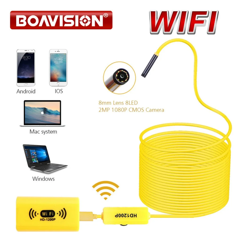 Full HD 1200P 2MP WI FI Endoscope Camera Wireless 8mm 8 LED Snake Rigid