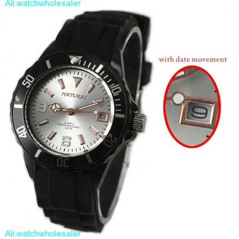 FW893A NATURAL Round Silicone Black Band Water Resistant with date Fashion Watch