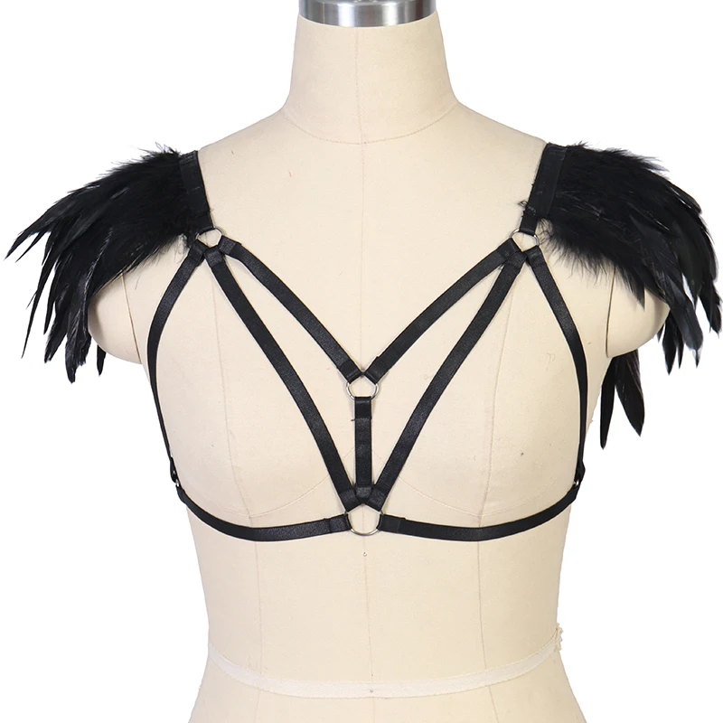 

90's girls Black Goth Feather Wings Body Harness Punk Elastic Adjustable Bondage Harness Lingerie Top Cage Bra Pole Dance Rave