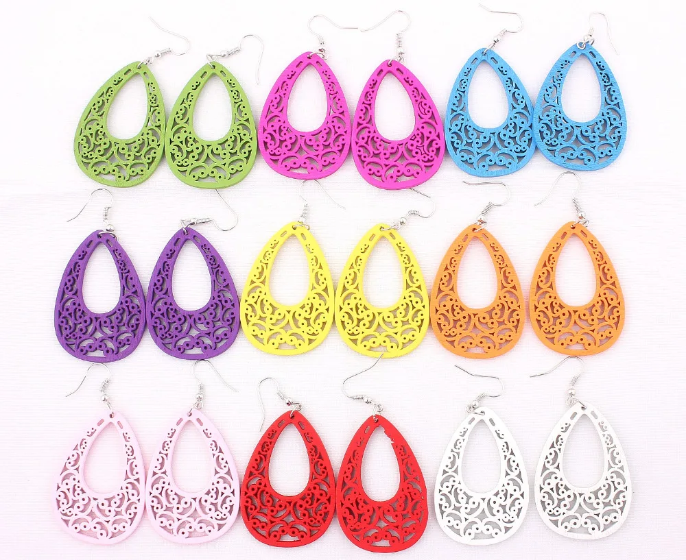 

QianBei Wholesale Lots Womens 2017 25pairs handmade Wooden Mixed Color Women's Wood Drop Earrings Summer Party Gift FREE