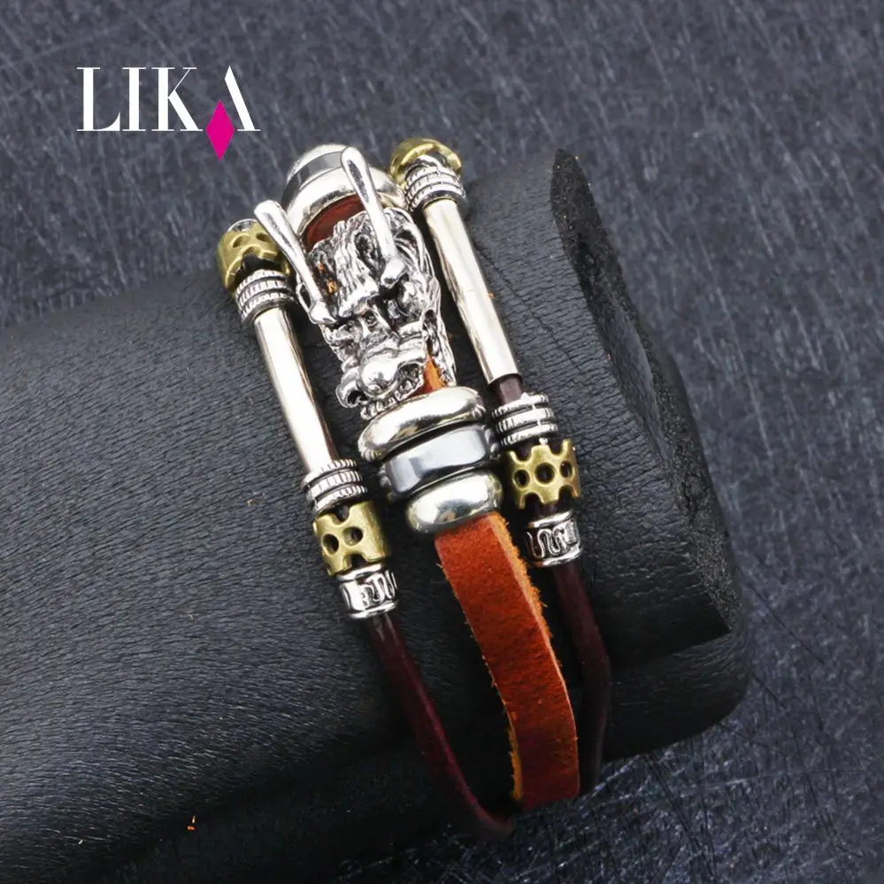 

LIKA Fashion Genuine Leather China Dragon Bracelets Men's Brown Adjustable Leather Bracelet Personality Dragon Style Pulseiras