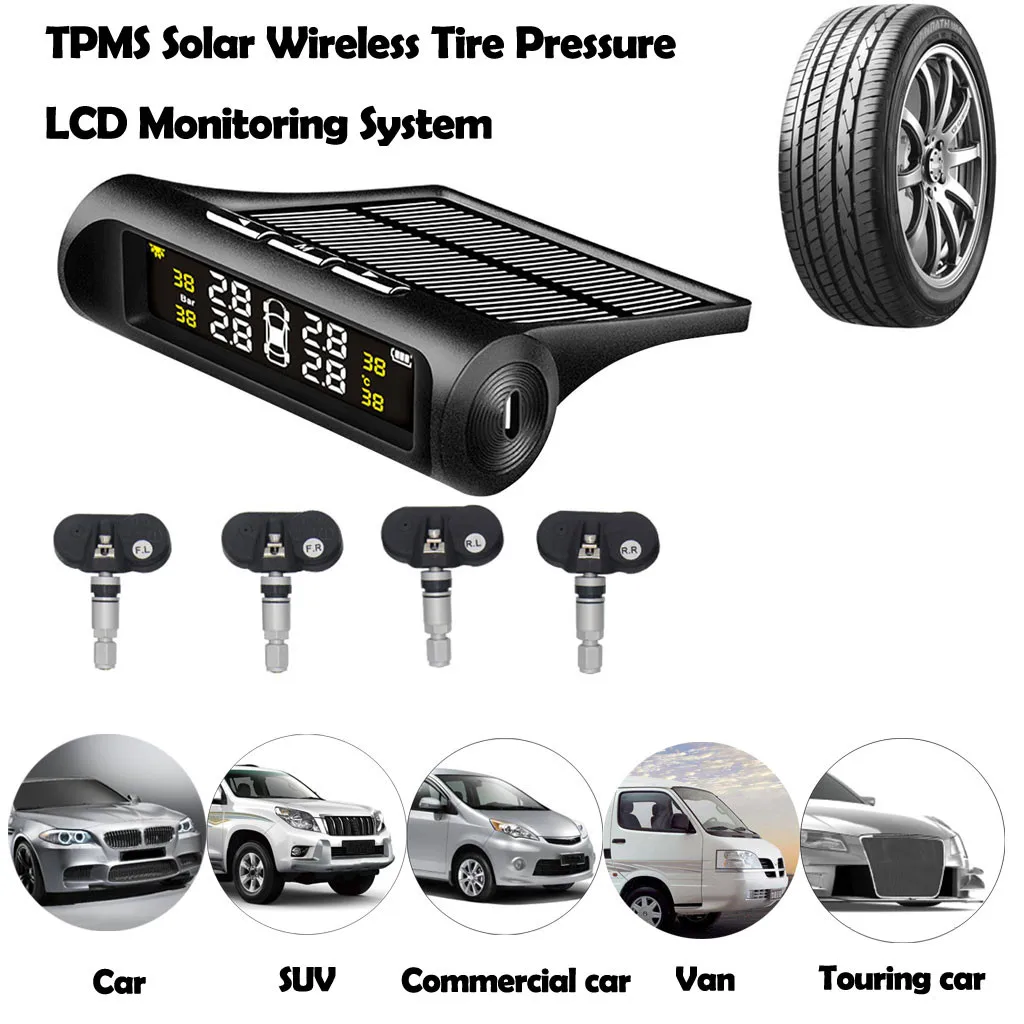 Умный автомобиль TPMS, сигнализация, монитор давления в шинах, солнечное зарядное устройство с 4 внешними датчиками, автомобильные системы безопасности, ЖК-дисплей# G6