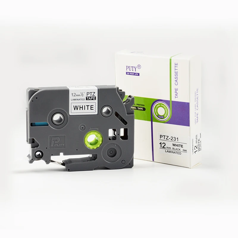 PUTY Brand PTZ 231 12mm Black on White TZ label tape with