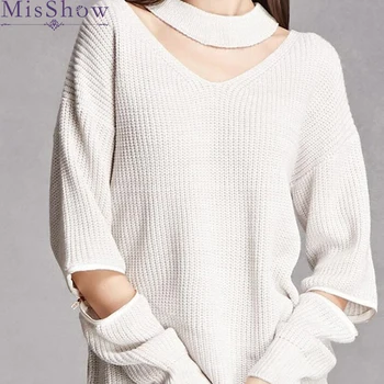 

Elegant Sexy Hollow Out Halter Women Sweaters 2019 Fashion Pullover With Metal Zipper White Army Green Long Sleeves Hollow Out