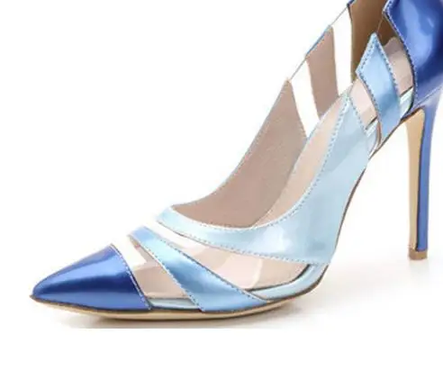 

Women Pumps High Heels Shoes Pointed Toe PVC Transparent Royal Blue Dress Shoes Woman Spring,