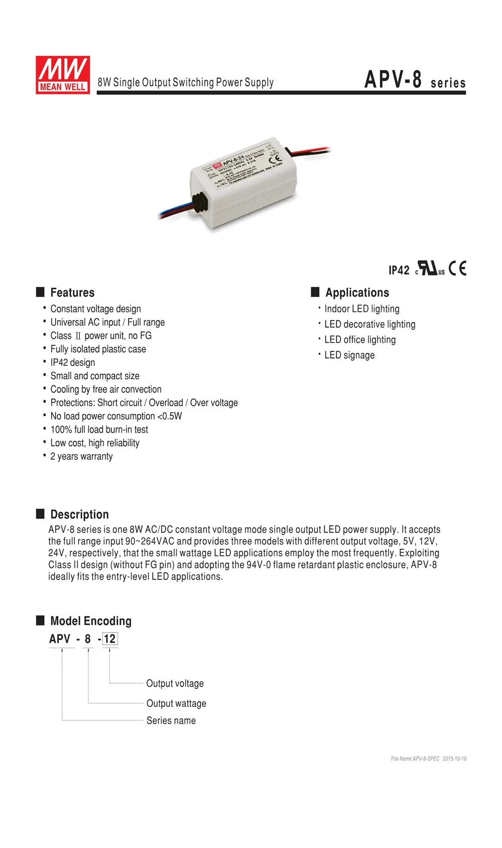 Meanwell Светодиодный драйвер APV-8 с одним выходом 7 Вт 5 В/1.4A 12 В/0.67A 24 В/0.34A IP42 Трансформаторы освещения для светодиодной ленты