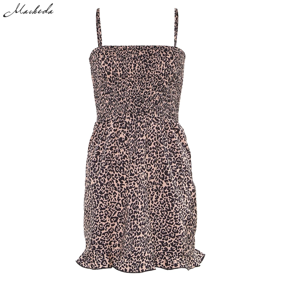 Macheda Autumn Leopard Print Mini Dresses Women Fashion Spaghetti Strap Ruffle Sleeveless Casual Short Dresses New