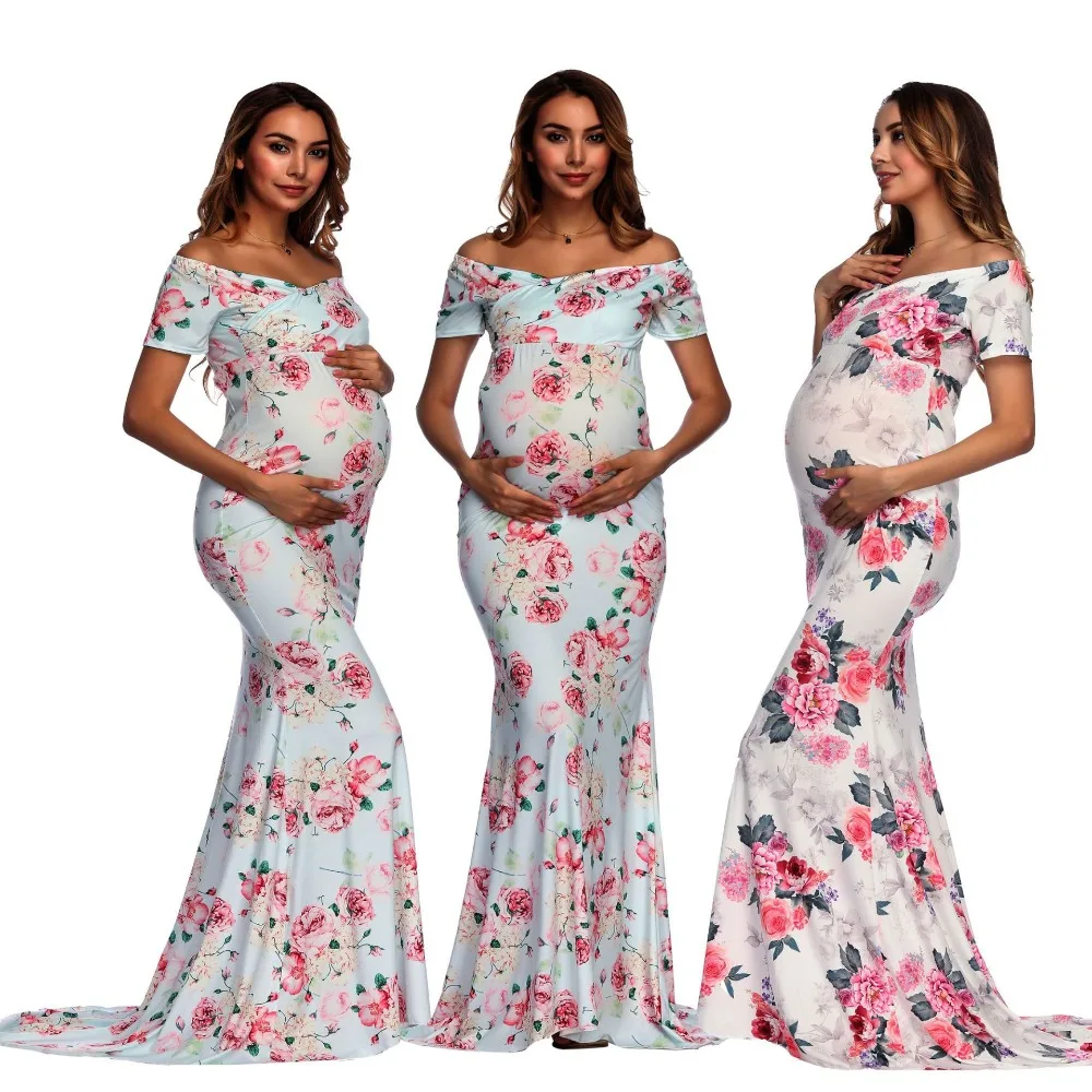 

Maternity print pregnant women long skirt cross V-neck short-sleeved pregnant women long skirt photo nostalgia long skirt