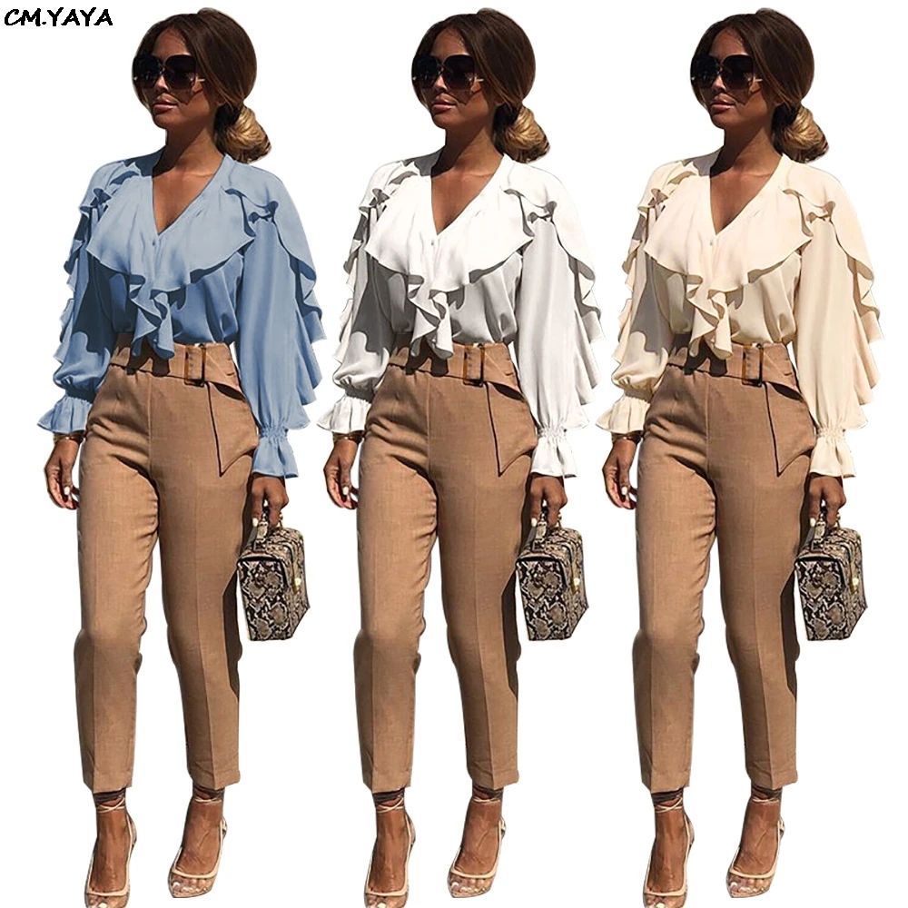 

2019 new women summer solid ruffles splicing long sleeve v-neck vintage chiffon blouses & shirts 3 color top GLG4183