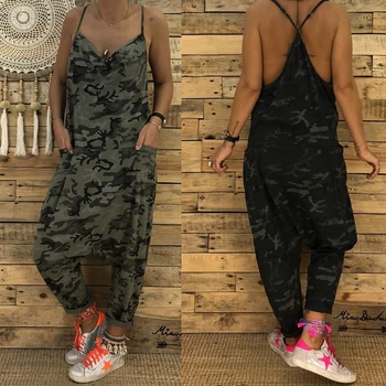 

casual loose harem jumpsuit mono mujer camouflage summer spring woman white jumpsuit sleeveless wide leg pant combinaison femme