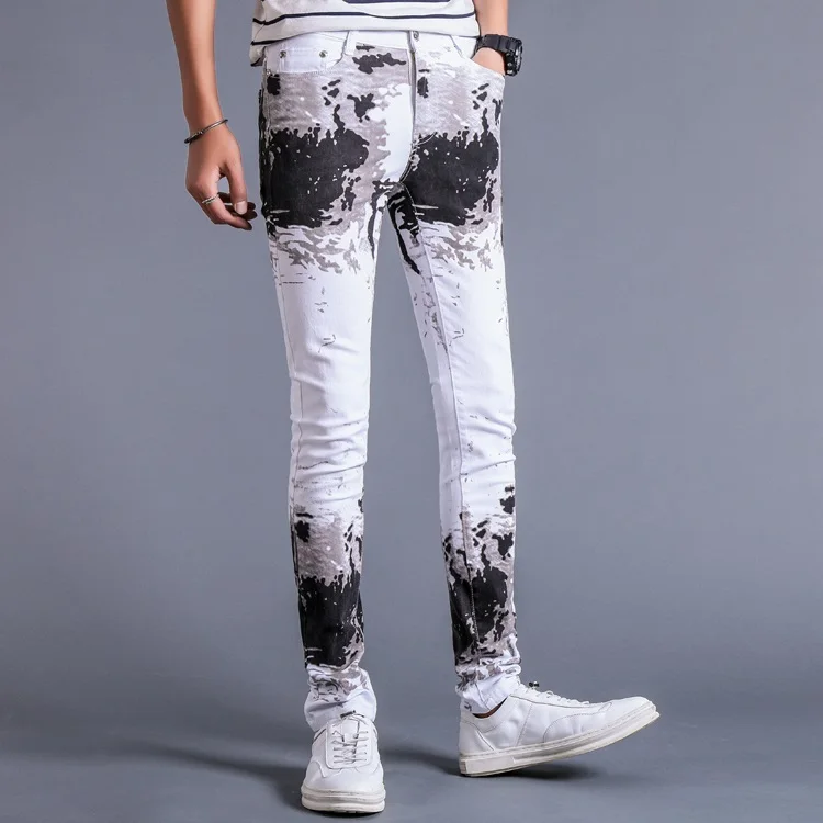 2017 новые поступления модные печатные хлопковые белые мужские джинсы slim fit повседневные джинсовые брюки 28-36 AYG290
