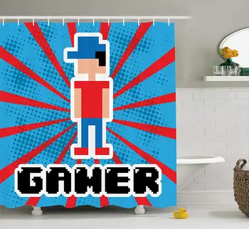 

Video Games Shower Curtain Set Blue and Red Stripes Boom Beams Retro Style Toys Boy with Cap Gamepad Vermilion Blue