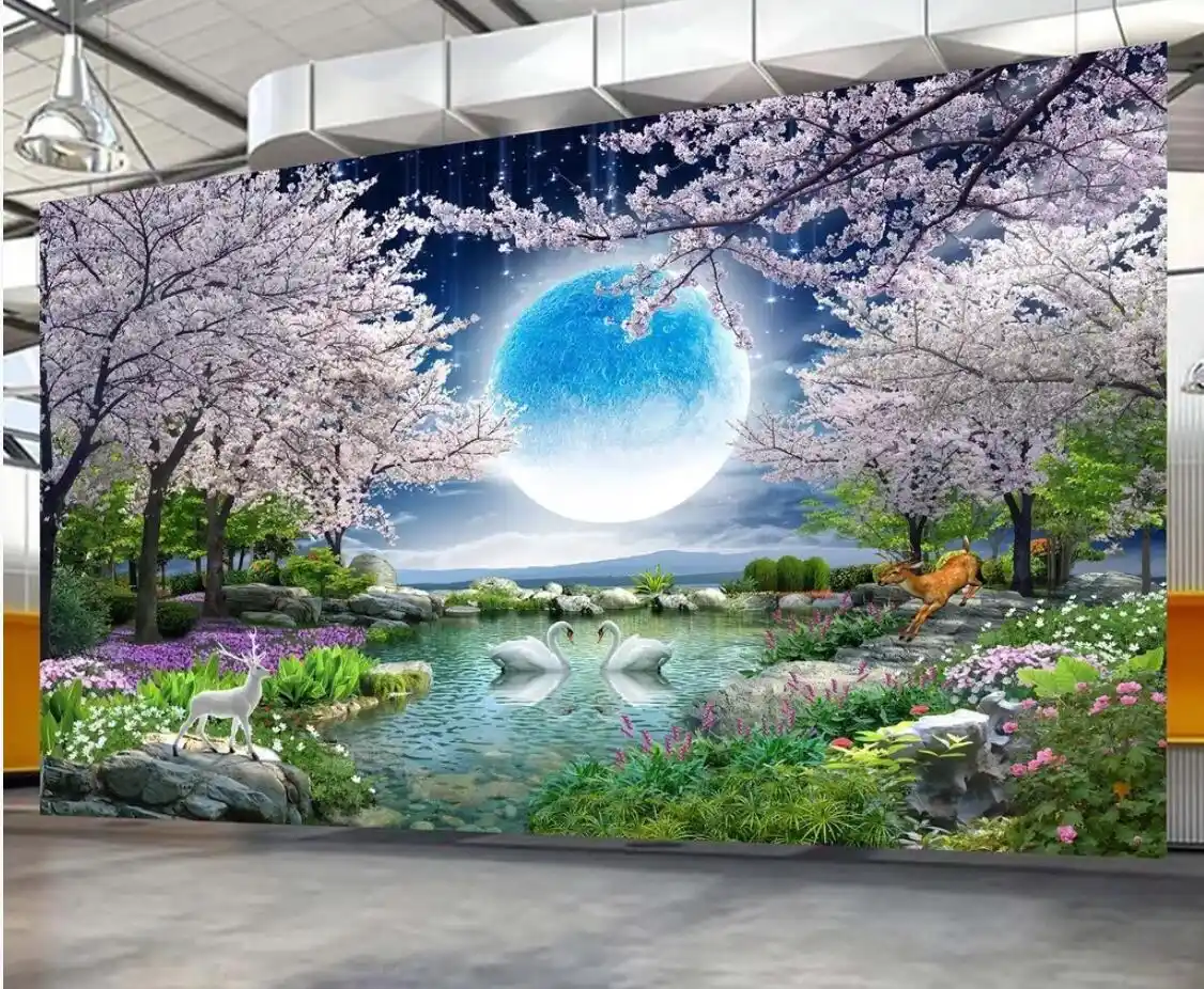 3d Dinding Mural Kertas Bulan Cherry Blossom Pohon Pemandangan