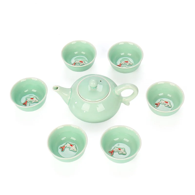 

Seven-piece Tea Set Teapot Celadon Beautiful Fish Cup Tea Pot Set Travel Kung Fu Teaware Set