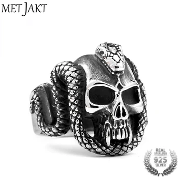 

MetJakt Punk Rock Cool Men Skull Cobra Rings Hand Carved Pattern Solid 925 Sterling Silver Vintage Thai Silver Halloween Jewelry