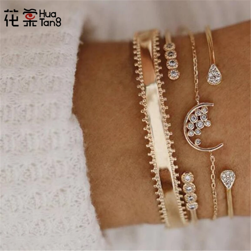 

HuaTang Fashion Crystal Bangles for Women Gold Alloy Geometric Hand Chain Bracelets Bangles 4Pcs/Set Jewelry Pulseira C15209