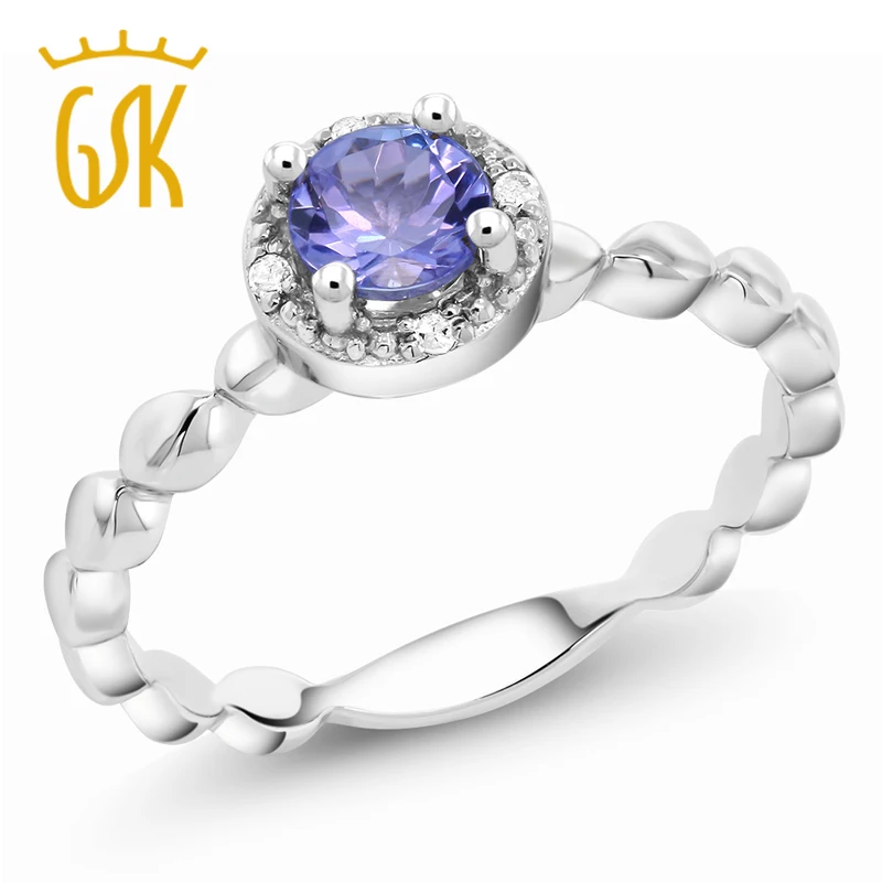 

GemStoneKing 0.49 Ct Round Natural Blue Tanzanite White Diamond 925 Sterling Silver Engagement Rings For Women