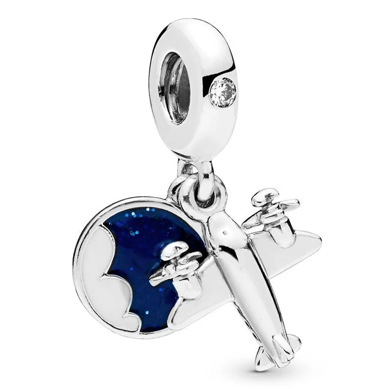 

New 925 Sterling Silver Charm Blue And White Enamel Airplane To Travel Is To Live Pendant Bead Fit Pandora Bracelet Diy Jewelry
