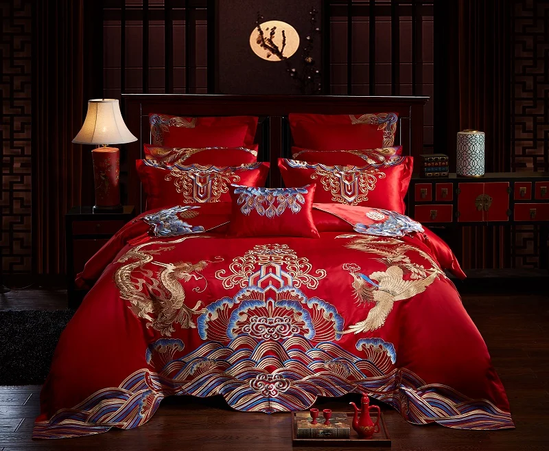 Золотой Loong Феникс Вышивка Роскошный красный свадебный стиль хлопок постельное белье пододеяльник простыня/постельное белье наволочки