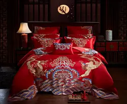 Золотой Loong Феникс Вышивка Роскошный красный свадебный стиль 100% хлопок постельное белье пододеяльник простыня/постельное белье наволочки