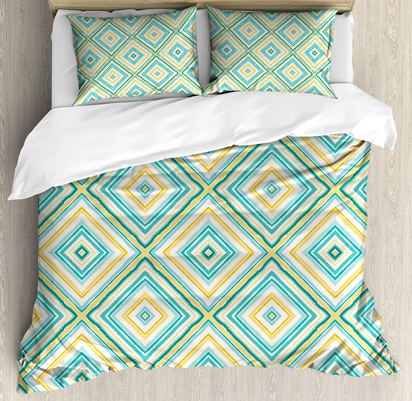 

Aqua Duvet Cover Set, Square Rhombus Lines with Torn Paper Effect Pattern in Fresh Spring Colors, Decorative 3 Piece Bedding Set