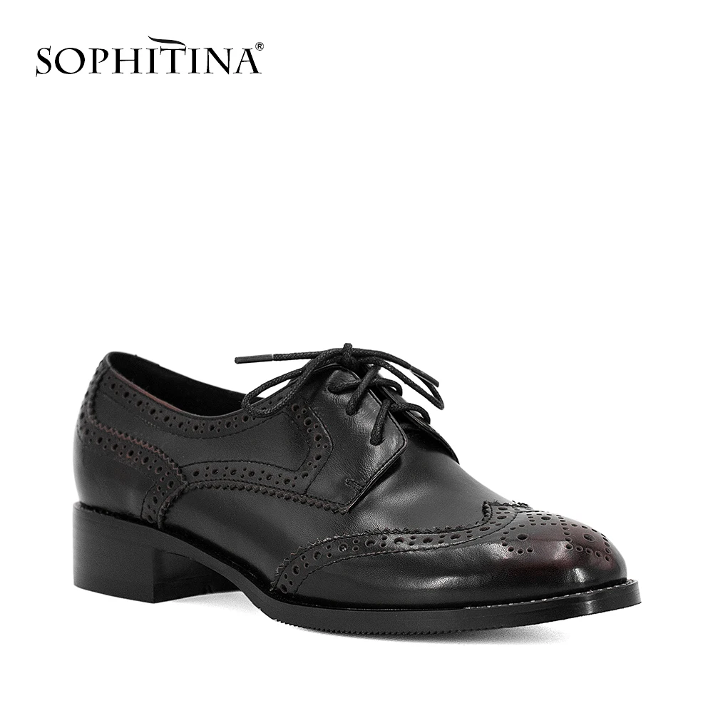 SOPHITINA/ Женские туфли из натуральной кожи. Кожаные ботиночки со шнуровкой. Всесезонная обувь с округленным мыском на квадратном каблуке. Повседневная обувь в британском стиле. Модные офисные женские туфли. W19