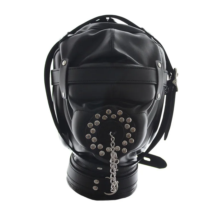 Hot Sale  Leather Bondage Adult Games Sex Products Full Cover Bondage Restraint Slave Rivets Mask Hood Erotic