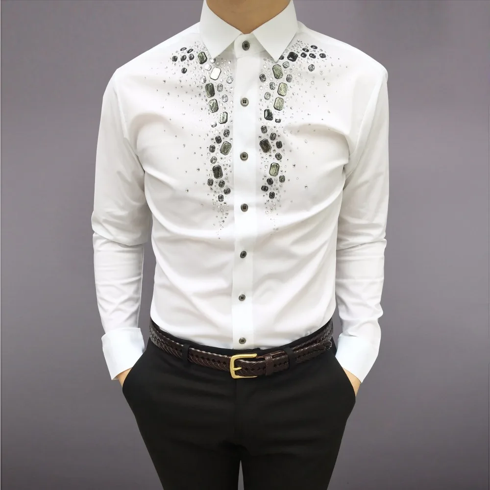 Новый модный бренд Повседневное Для мужчин рубашки Бизнес Slim Fit Черный и белый комплект шнека социальной рубашка мужской этап певица Для