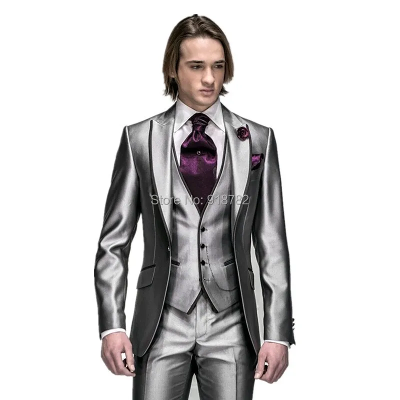 

2018 New Style Shiny Silver Peak Lapel Groomsmen Best Man Wedding Suits For Men Slim Fit Groom Tuxedos (Jacket+Pants+Vest+Tie)