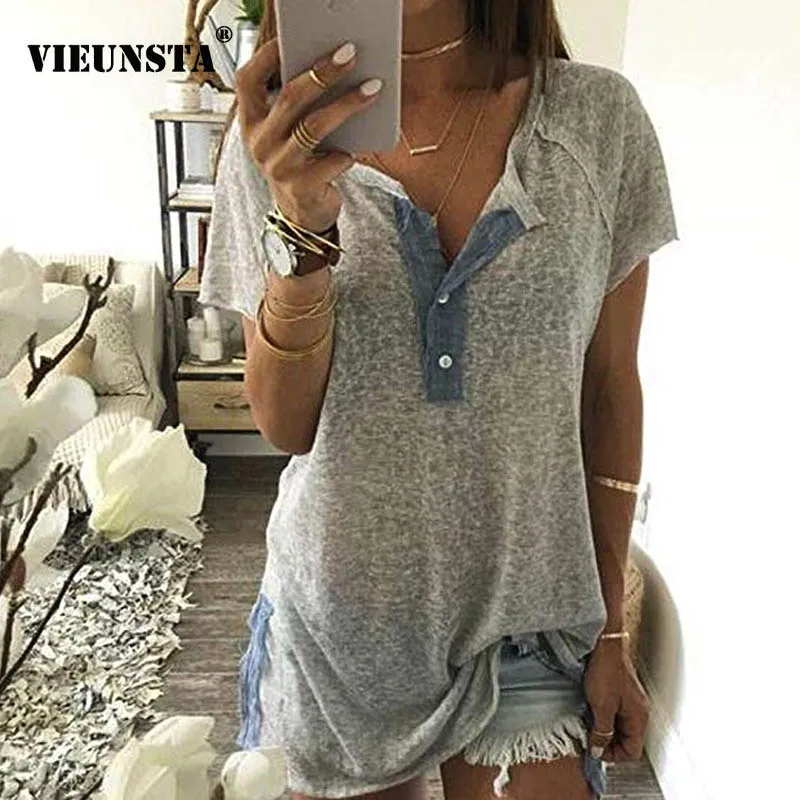 

VIEUNSTA Blouse Women O Neck Button Loose Shirt Summer 2019 Casual Patchwork Short Sleeve Office Tops Sexy Tunic Beach Blusa 5XL
