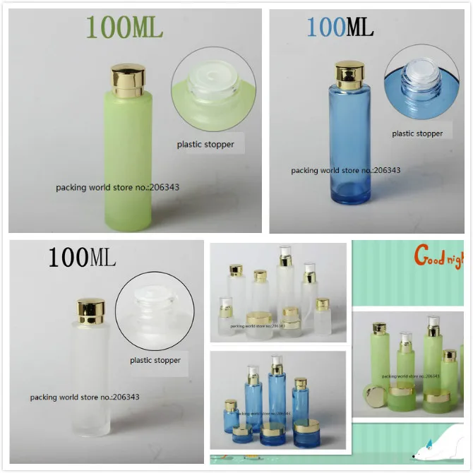 Best 100ml frosted green blue glass bottle gold lid plastic stopper for serum lotion emulsion toner skin care  cosmetic packing
