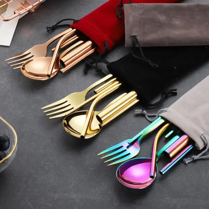 

7pcs/set Stainless Steel Dinnerware Set Spoon Fork Chopsticks Thick Thin Straw With Cloth Bag Picnic Portable Travel Dinnerware