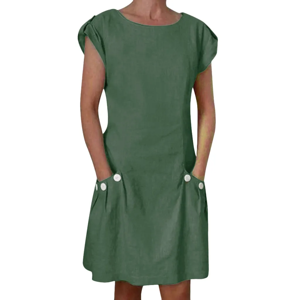 

Women Casual Linen Dress Pocket Buttoned Decor Zipper Back Loose Mini Dress