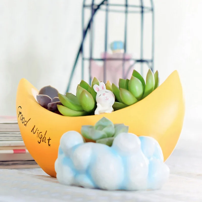 

Resin Desktop Bonsai Pots Creative Moon Design Nursery Pots Cartoon Small Flower Birthday Gift For Children Garden Decoration
