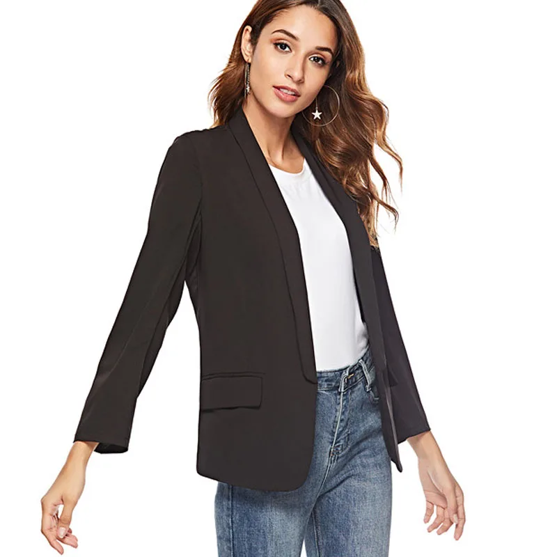 

Black Blazer Women No Button Notched Slim Long Sleeve Cardigan Spring Autumn Jacket Coat Outwear Women Clothing C91691