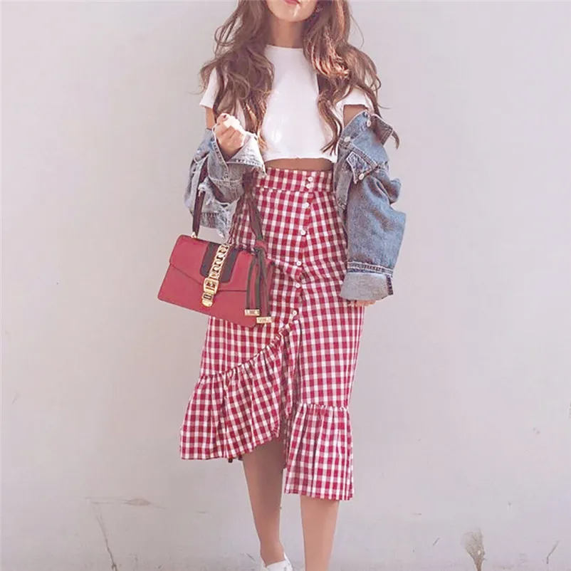New Fashion 2018 Summer style skirts womens Plaid Casual Ruffled Button Party Slit High Waist Mid-Calf Skirt Femme Saia Y18#N (4)