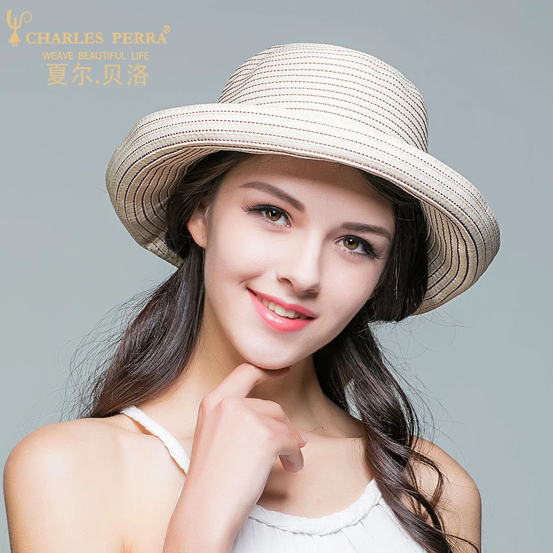 

Charles Perra Sun Hats Female Fashion Striped Elegant Lady Hat Collapsible Women Summer Beach Sunscreen Visor Caps 3031