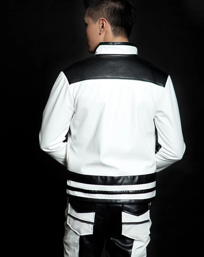 Белая кожаная ткань тонкая мужская куртка Корейская одежда ночной клуб Мужской певец костюм танцевальное шоу Повседневная куртка