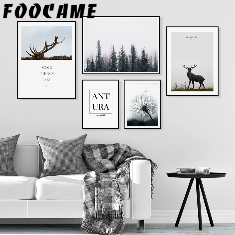 

FOOCAME Nordic Minimalist Elk Deer Plant Animal Poster Prints Wall Art Canvas Painting Landscape Decoration Pictures Living Room