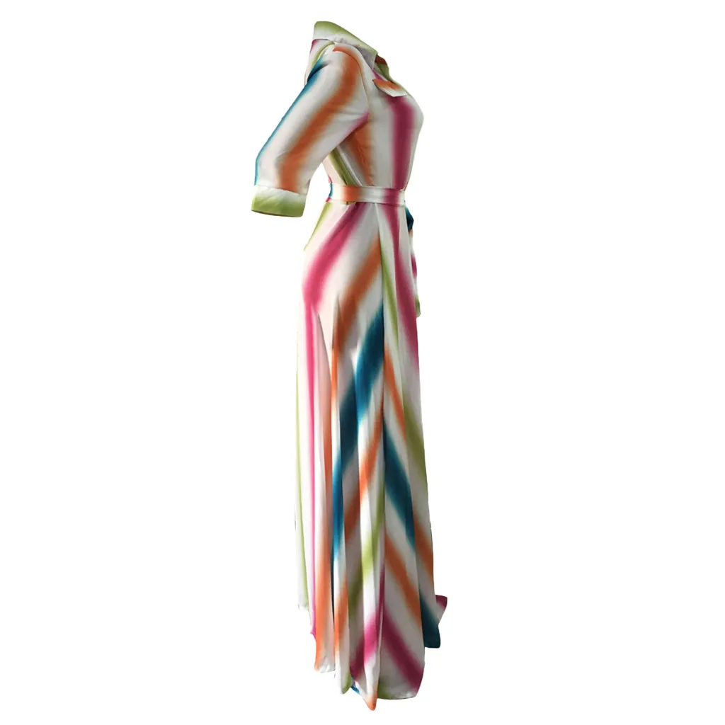 Женское Повседневное платье макси с отложным воротником, разноцветное Полосатое платье-рубашка с поясом, рукав три четверти, длинное платье, женское платье