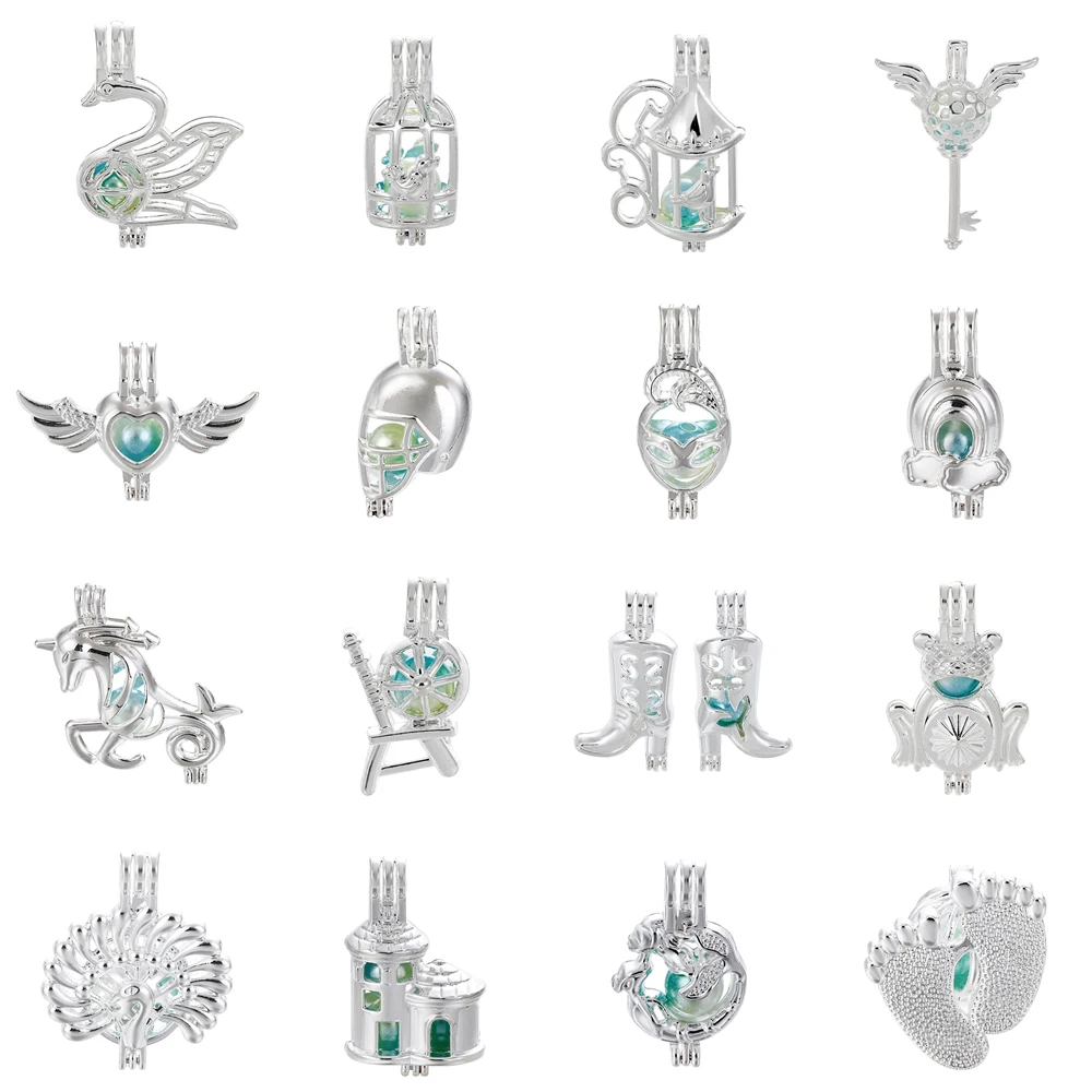 

1pc Silver Frog Boots Swan Birdcage Unicorn Oyster Pearl Cage Bead Cage Essential Oil Diffuser Locket Pendant Jewelry Making