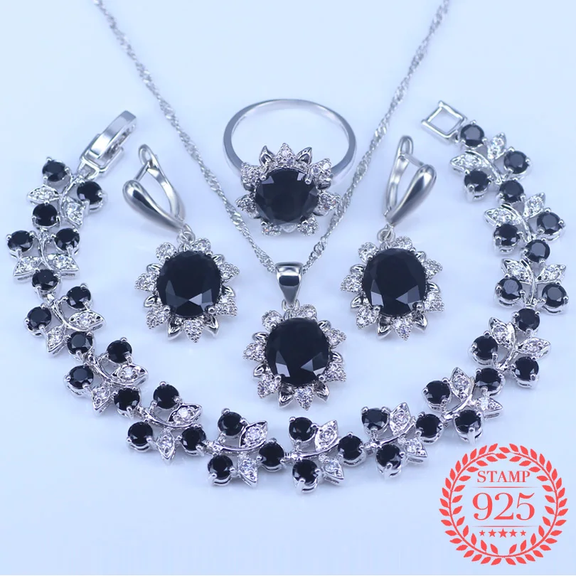 

Black Stones White Cubic Zirconia 925 Sterling Silver Jewelry Sets For Women Wedding Earring/Pendant/Necklace/Bracelet/Ring