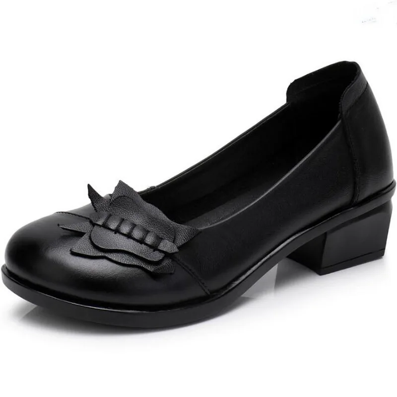 

Black Cow leather shoes female 2019 spring new style thick ladies shoes Genuine Leather soft comfortable Flat Shoes