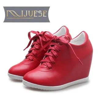 

MLJUESE 2018 women pumps Genuine leather increased Internal high heels platform wedges pumps boat shoes sport sneakers
