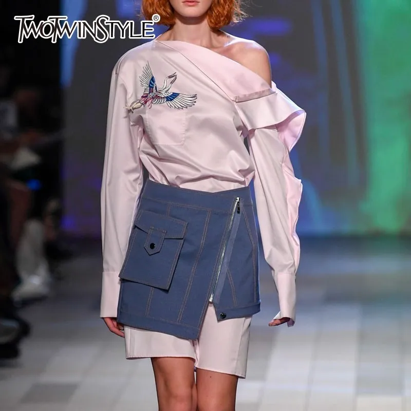 

TWOTWINSTYLE Two Piece Set For Women Embroidery Off Shoulder Ruffles Long Sleeve Mini Dress With High Waist Irregular Skirt 2019