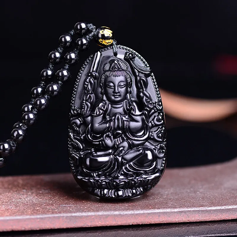 Black Obsidian Carved Buddha Necklace For Women Men Long Beads Chain Bhodisattva Pendant Buddhism Lucky Amulet Jewelry Gift | Украшения и