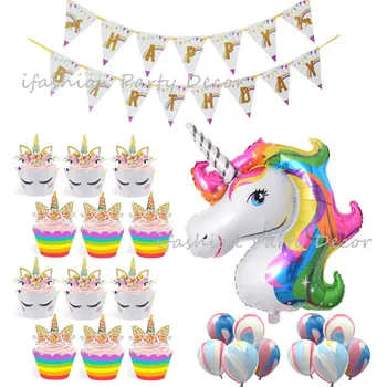 

Unicorn Party Supplies Foil Balloon Glitter Happy Birthday Banner Unicorn Cupcake Wrapper&Topper Marble Balloon for Decorations
