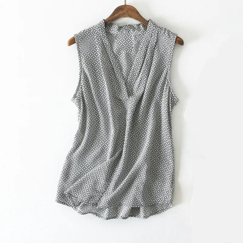 Vente Femmes Été En Soie Blouse col en V Sans Manches vêtements de bureau décontracté élégant chemisiers en soie imprimé Géométrique en soie véritable chemise tops