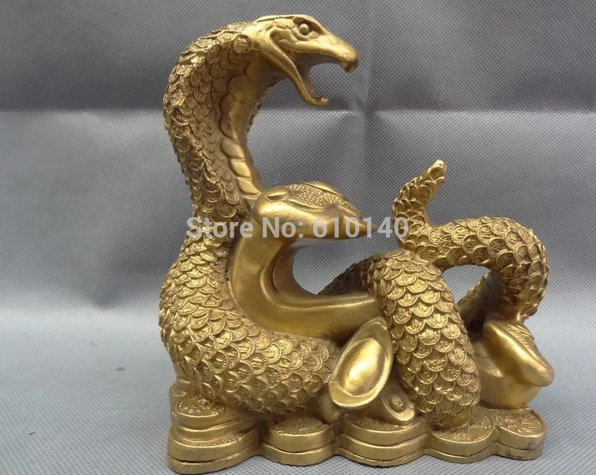 

China Brass Zodiac Figurine Wealth YuanBao Full Coin RuYi Snake Head Statue